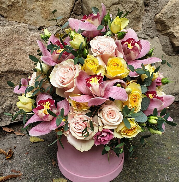 Composition of roses and orchids